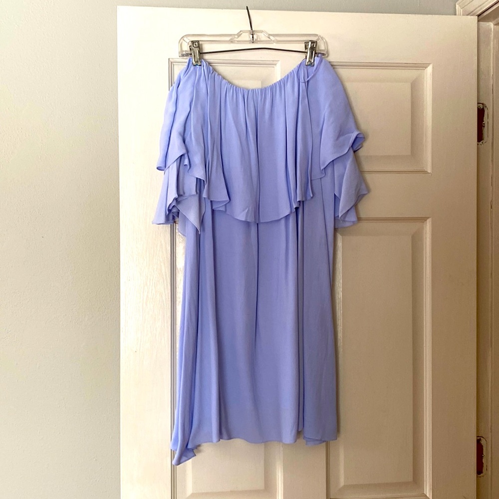 Maison Off The Shoulder Mini Dress in Thistle Blue